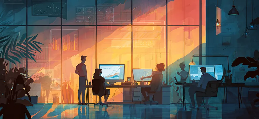 Isometric illustration of a web studio creating websites and doing SEO optimization